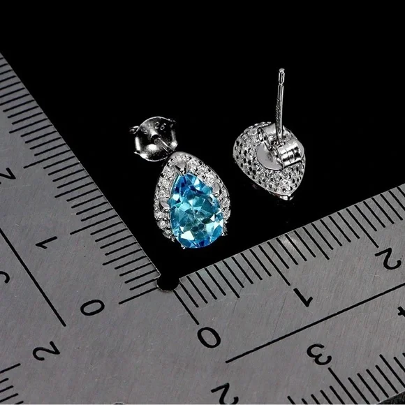 Set!! Elegant Natural Swiss Blue Topaz Pendant & Earrings in 925 Sterling Silver - Picture 6 of 11